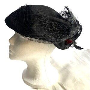 Vintage Merrimac Wool Hat With Feathers Veil & Red Accent 22-Inch Circumference